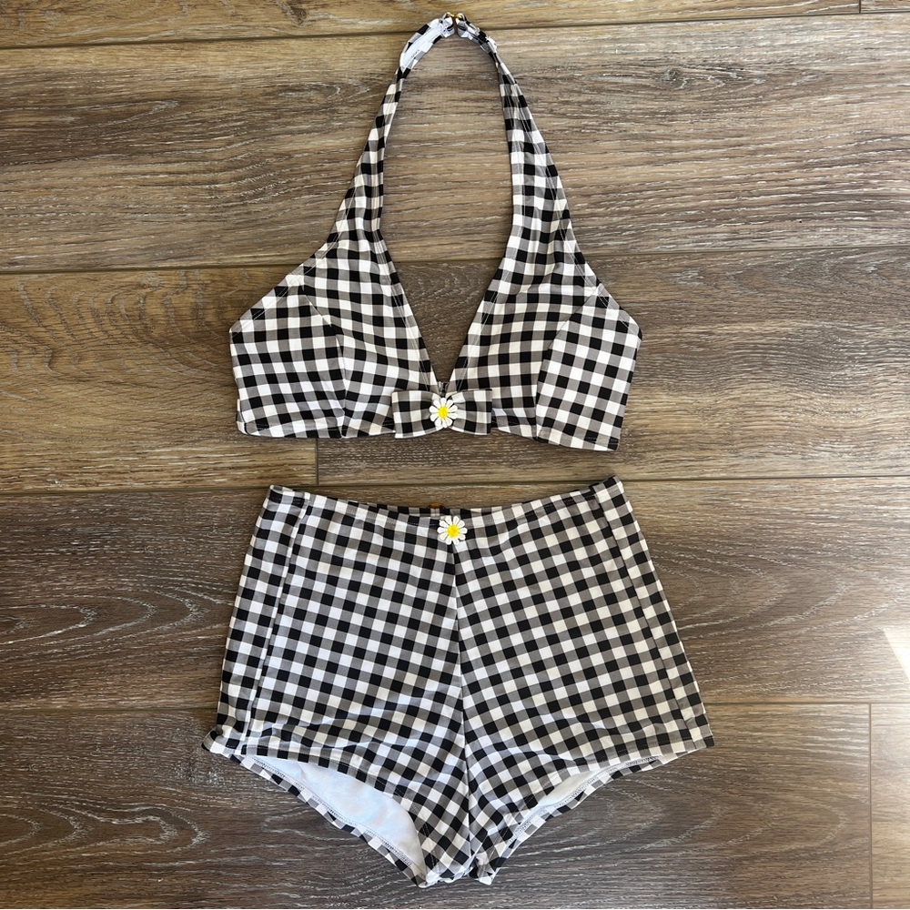 Betsey Johnson black and white gingham two piece bathing suit bikini size small